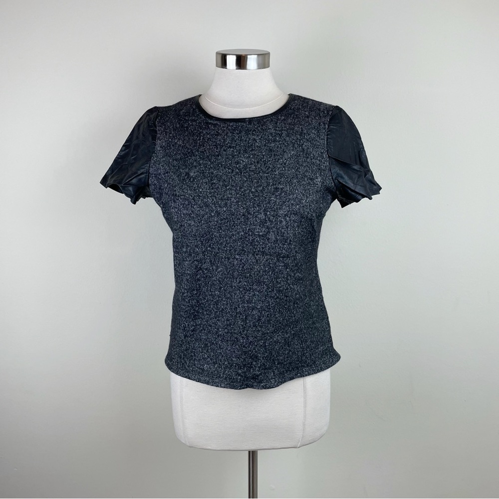 Talbots Wool Black Gray Faux Leather Blouse Top Women Large
